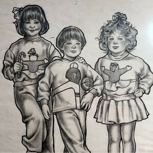 Vintage ILLUSTRATION ART / Graphite Of 3 CHILDREN / Debbie Zuccarini-Soligian